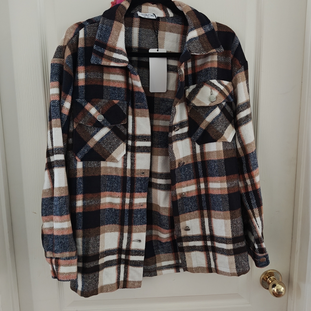 Urban Outfitters Plaid Utility Jacket - Navy, Brown & Cream